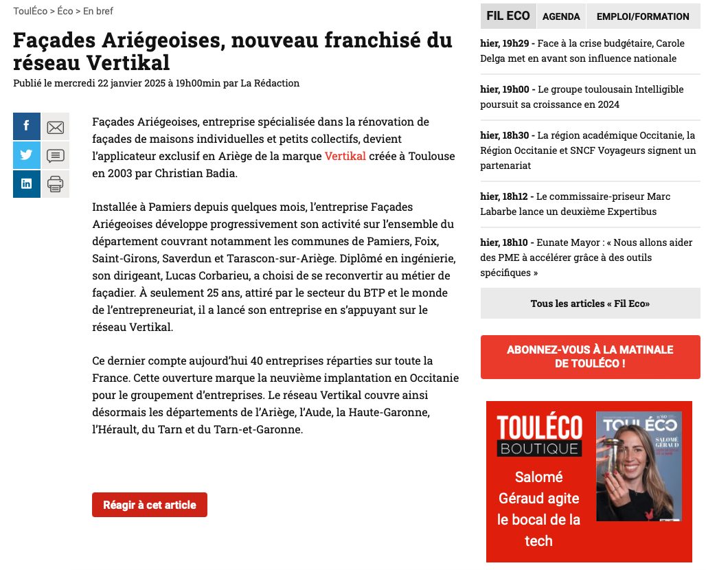 Façades Ariégeoises, nouveau franchisé du réseau VERTIKAL – Touleco